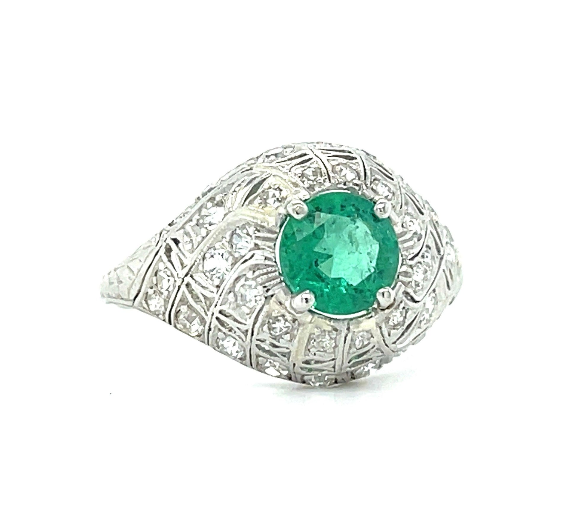 Art Deco .97ct Emerald .34ct Diamond Platinum Antique Ring (Circa 1920s)