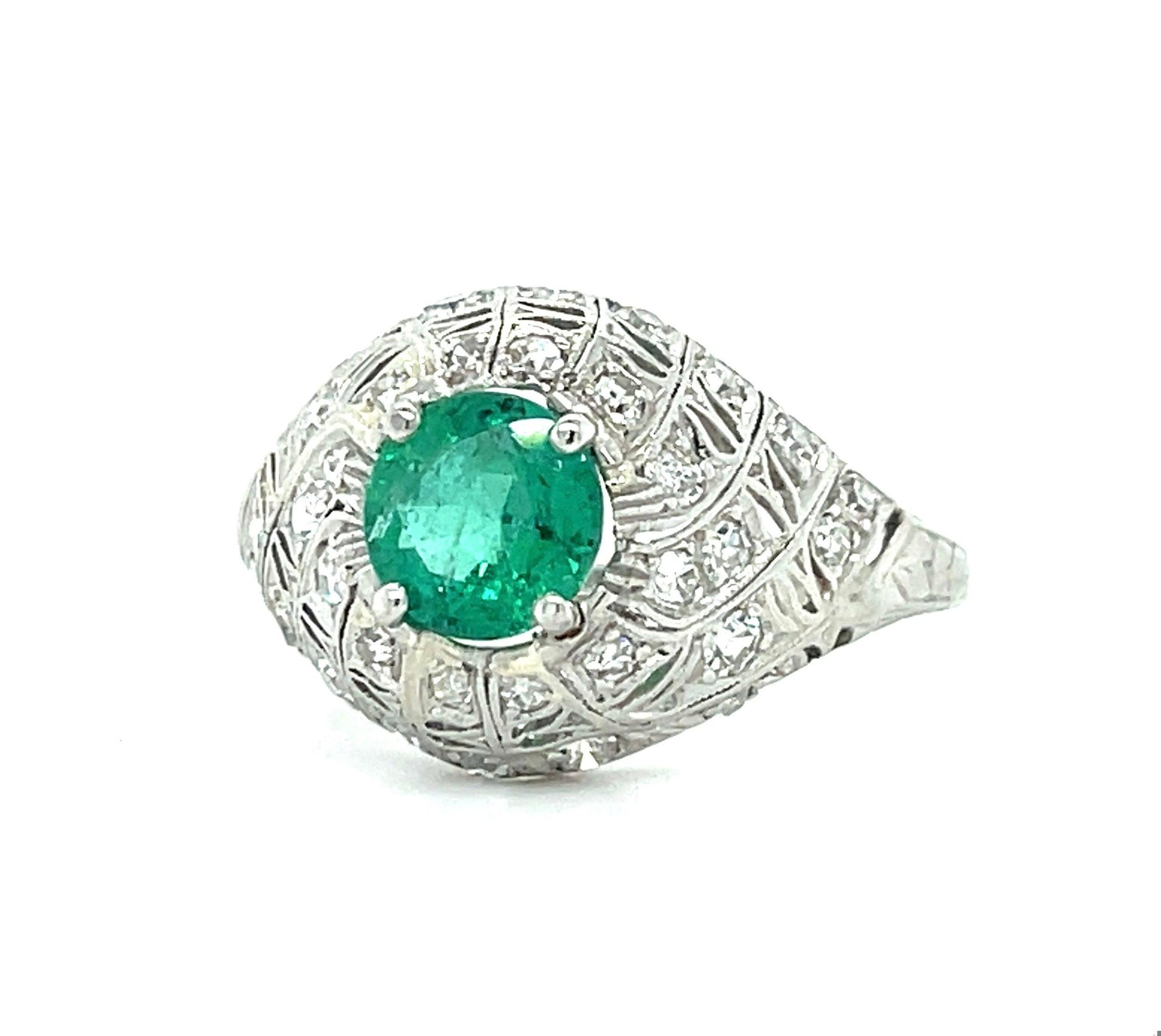 Art Deco .97ct Emerald .34ct Diamond Platinum Antique Ring (Circa 1920s)