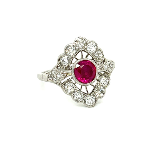 Art Deco (Circa 1920s) .92ct Burma Ruby 1.20ct Diamond Platinum Antique Ring