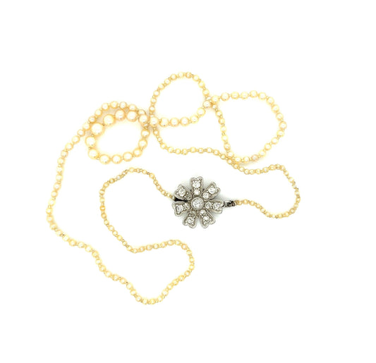 Art Deco (1920s) Natural Pearl & .50ct Old European Cut Diamond PT Necklace