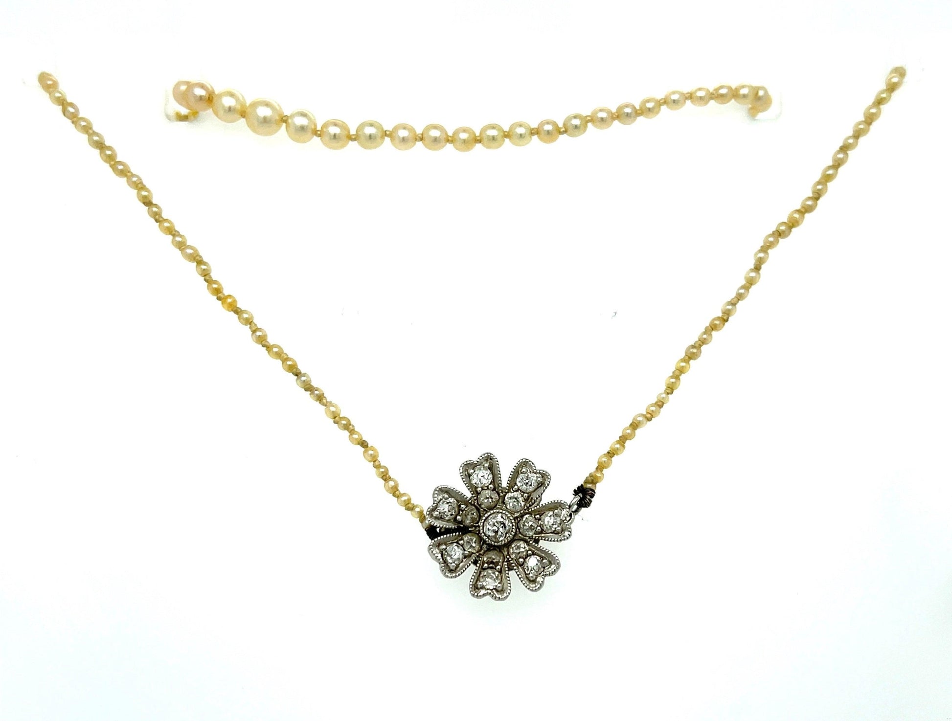 Art Deco (1920s) Natural Pearl & .50ct Old European Cut Diamond PT Necklace