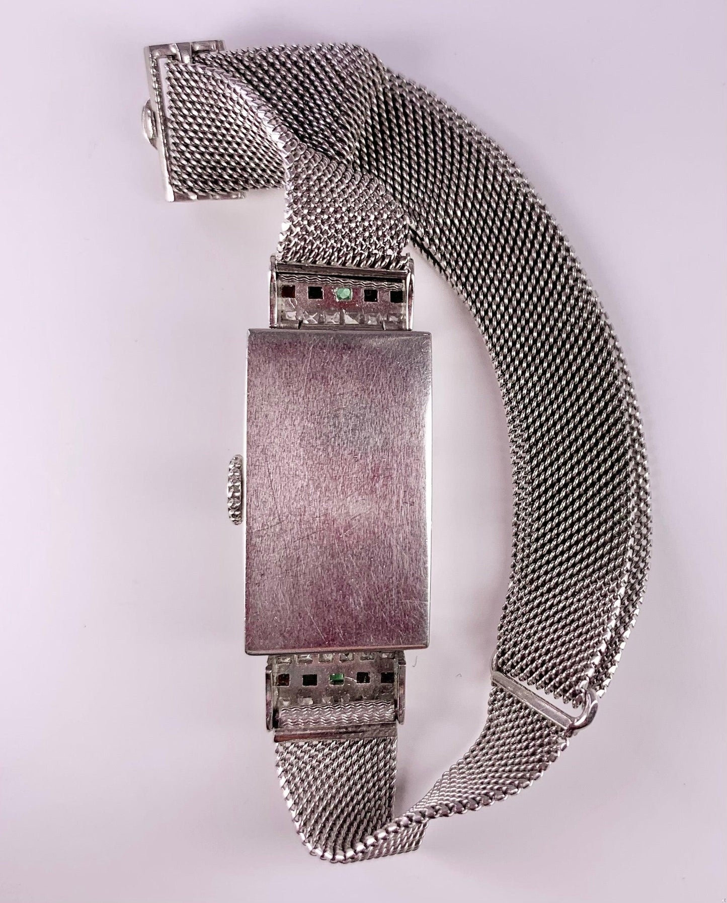Art Deco (Circa 1920s) Antique PT Watch 1.55ct French-cut Diamonds .55ct Emerald