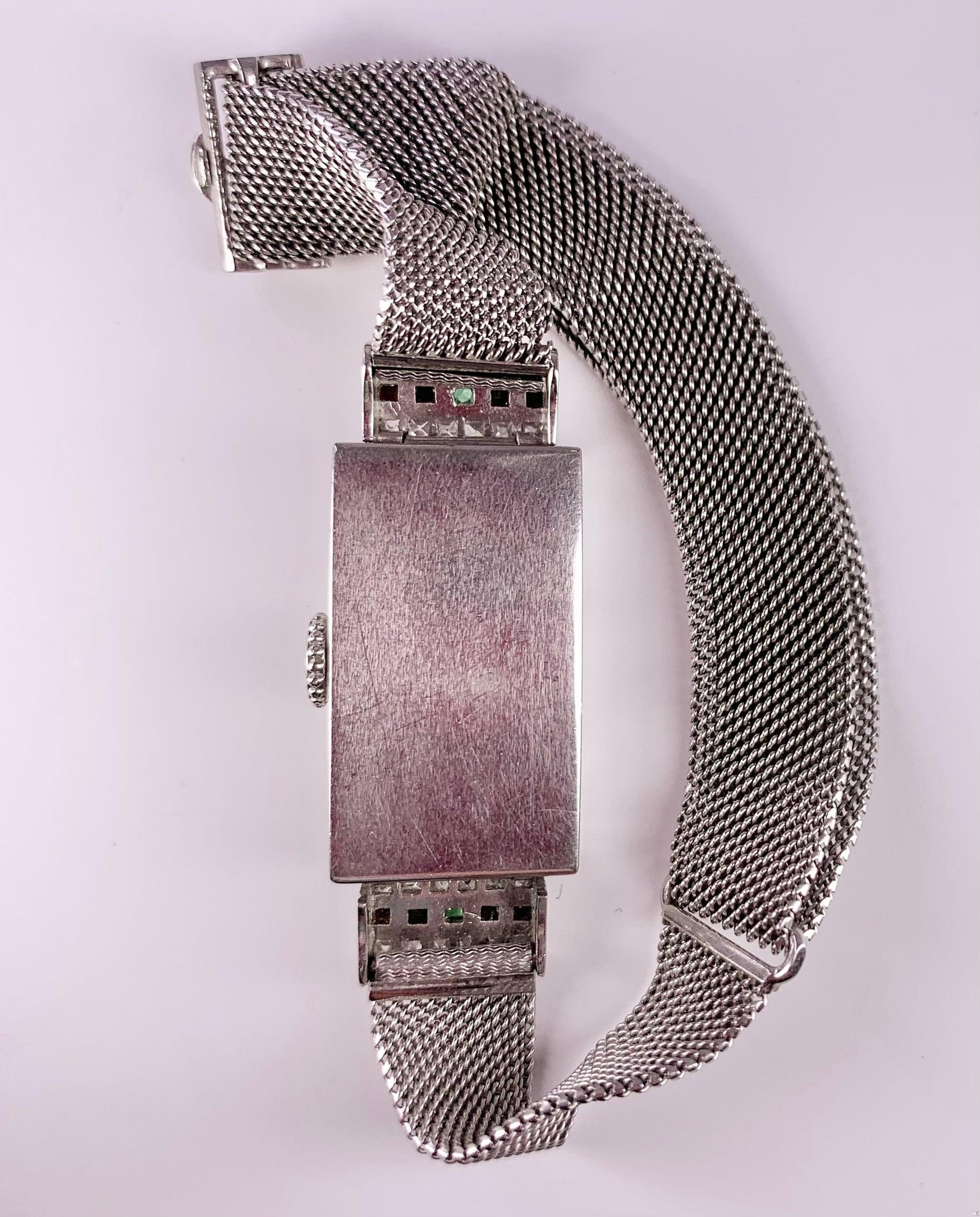 Art Deco (Circa 1920s) Antique PT Watch 1.55ct French-cut Diamonds .55ct Emerald