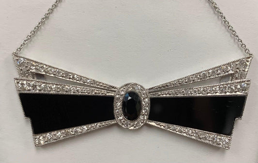 Art Deco (Circa 1920s) Antique Fancy Bowtie Pendant 1.35ct Dia Onyx