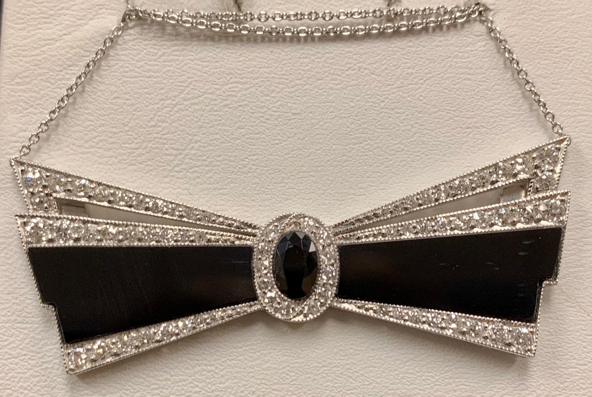 Art Deco (Circa 1920s) Antique Fancy Bowtie Pendant 1.35ct Dia Onyx