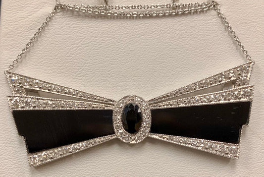Art Deco (Circa 1920s) Antique Fancy Bowtie Pendant 1.35ct Dia Onyx