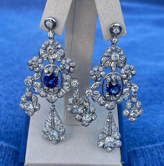 Art Deco (Circa 1930s) Chandelier Earrings PT Sapphires 3.68ct | Diamonds 8.50ct