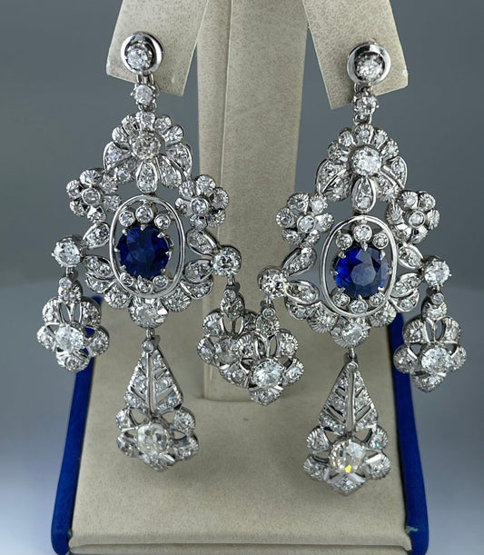 Art Deco (Circa 1930s) Chandelier Earrings PT Sapphires 3.68ct | Diamonds 8.50ct