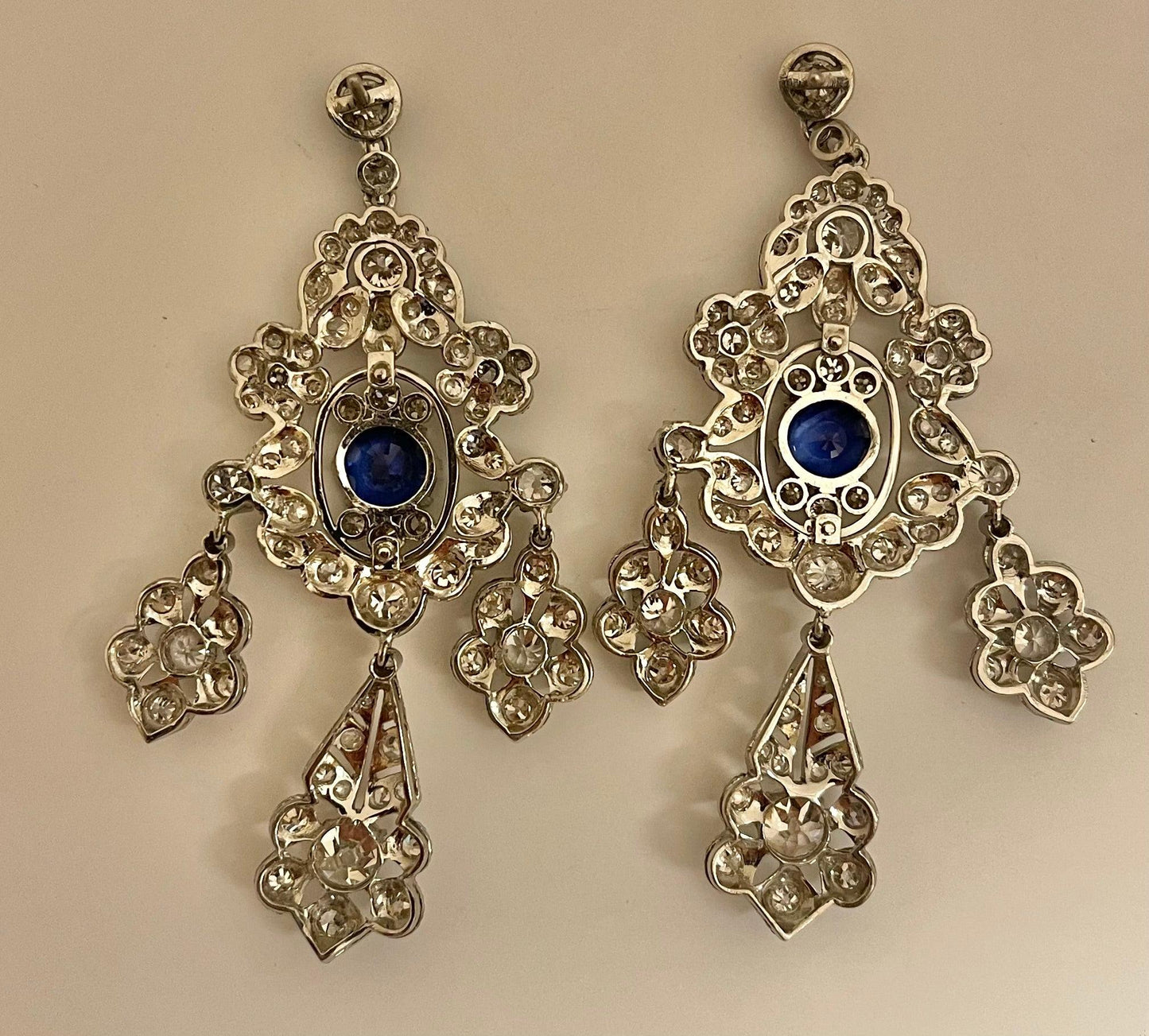 Art Deco (Circa 1930s) Chandelier Earrings PT Sapphires 3.68ct | Diamonds 8.50ct