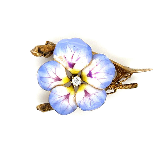 Art Nouveau (Circa 1915) 14KY Enamel and .10ct Diamond Antique Brooch