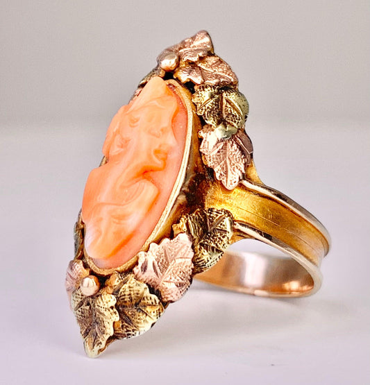 Arts & Crafts Carved Coral Cameo Ring