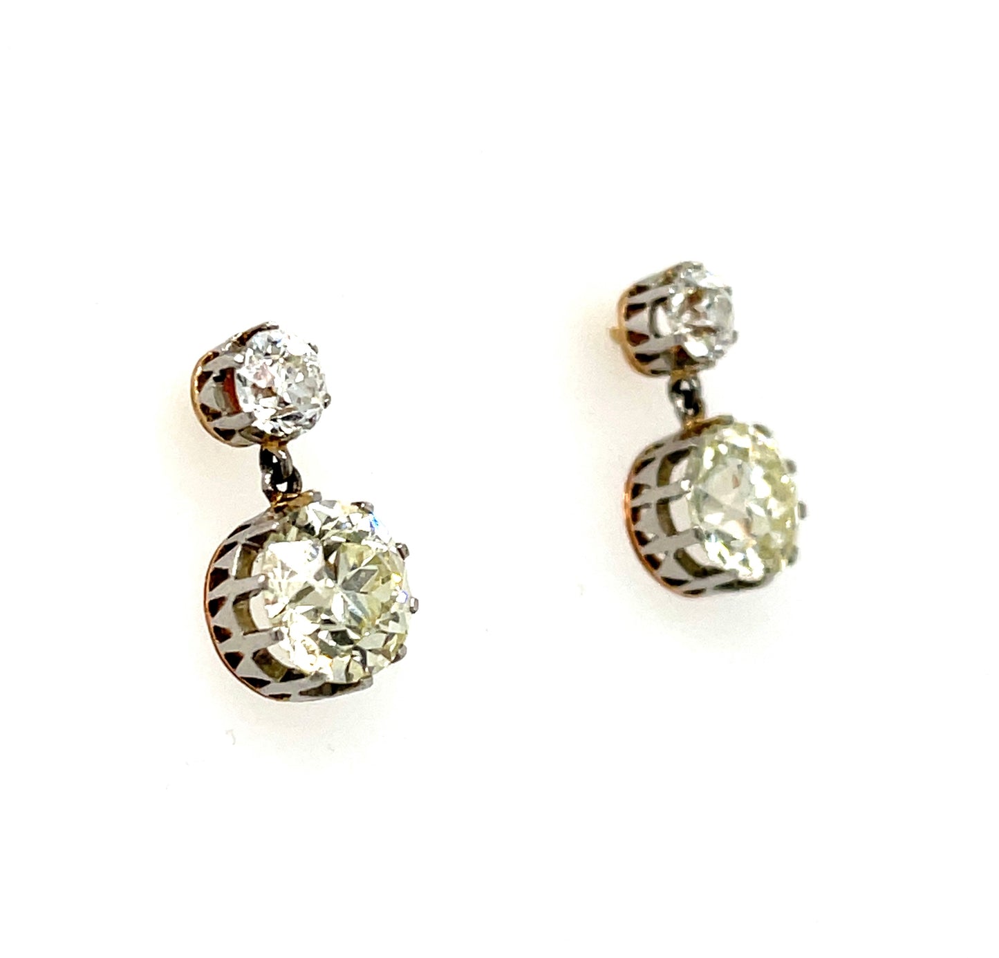 Diamond Platinum/18KY Drop Earrings 4.30ct Old European Cut Diamonds (Two Centers) .50ct SD