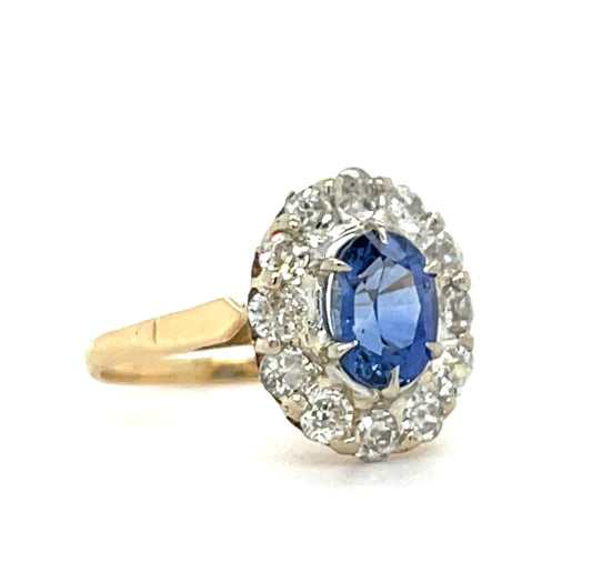 Victorian 1.42ct Blue Sapphire Oval shape Antique 14KY Ring (Circa 1880s) 1.44ct Old Mine Cut Diamonds