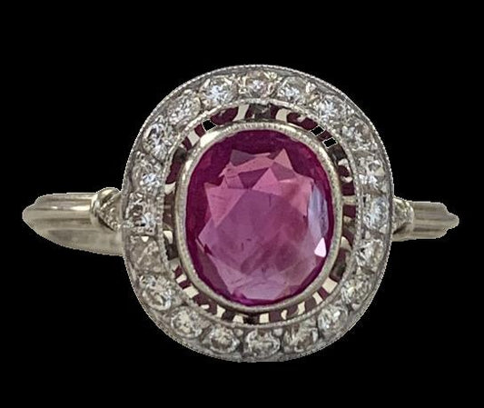 1.25ct Pinkish Red Burma Ruby (No Cert) .40ct Diamond Platinum Ring