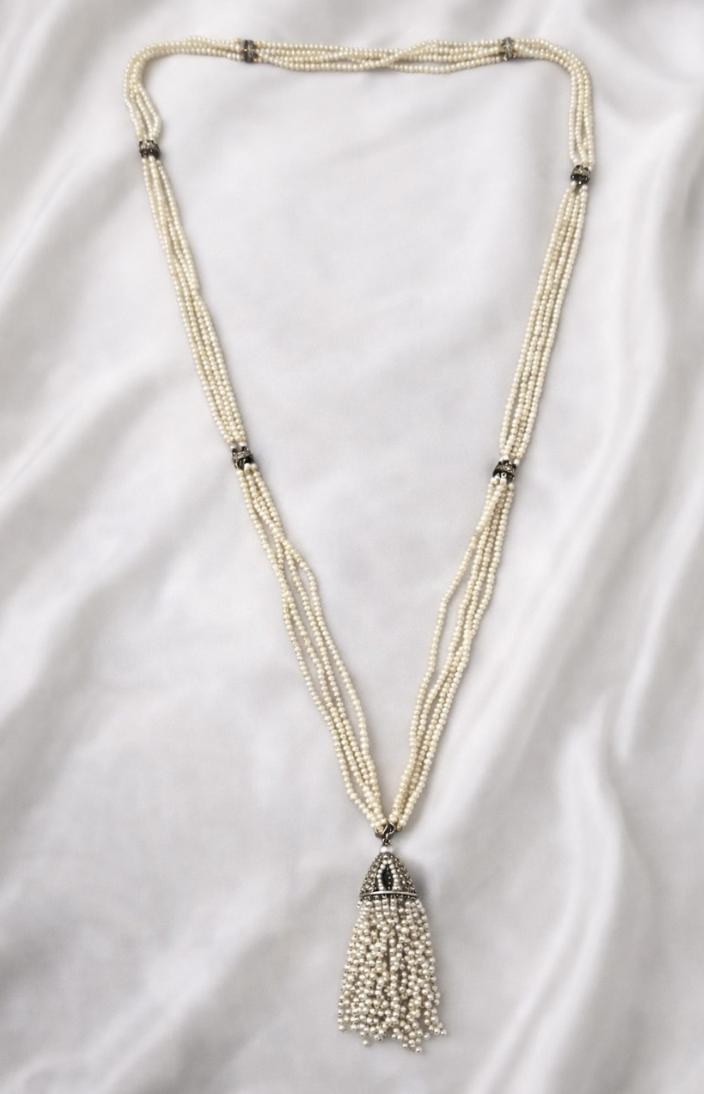 Edwardian 1.50ct Diamond + Natural Pearl Platinum & 14K Sautoir Necklace
