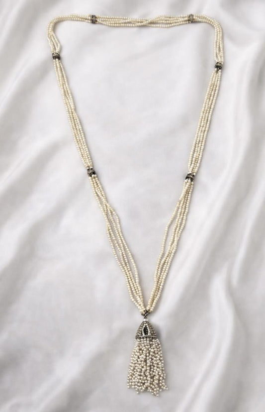Edwardian 1.50ct Diamond + Natural Pearl Platinum & 14K Sautoir Necklace