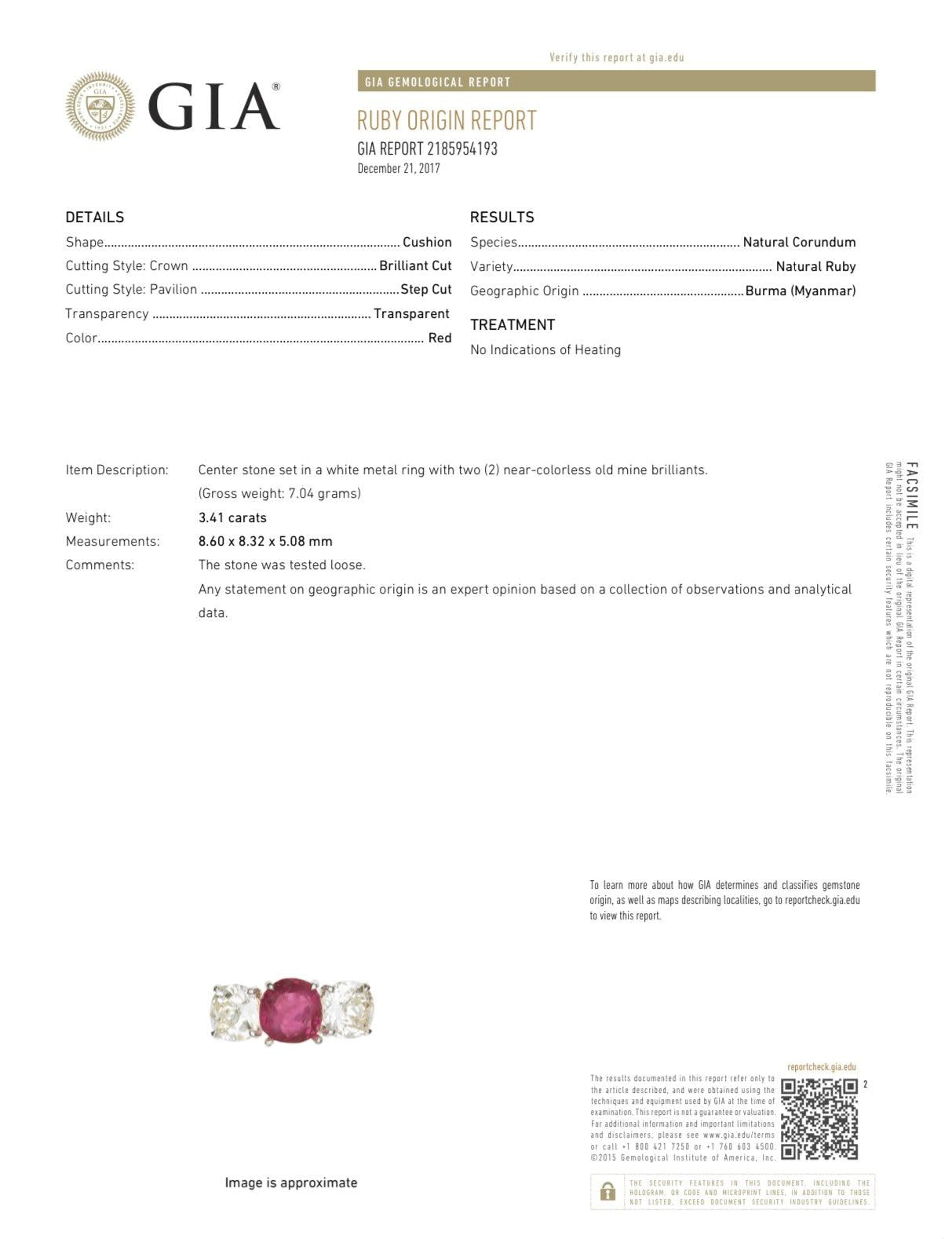Cartier Art Deco 3.41ct Burma No Heat Ruby PT Ring (1930s) 3.90ct Old Euro Dia