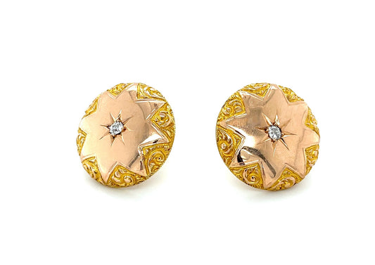 Victorian Era Cosmos Inspired Antique Earrings (Circa 1870s) Pinpointed .24 carats of VS Near Colorless Old Mine Cut Diamonds, set in 18K Yellow Gold