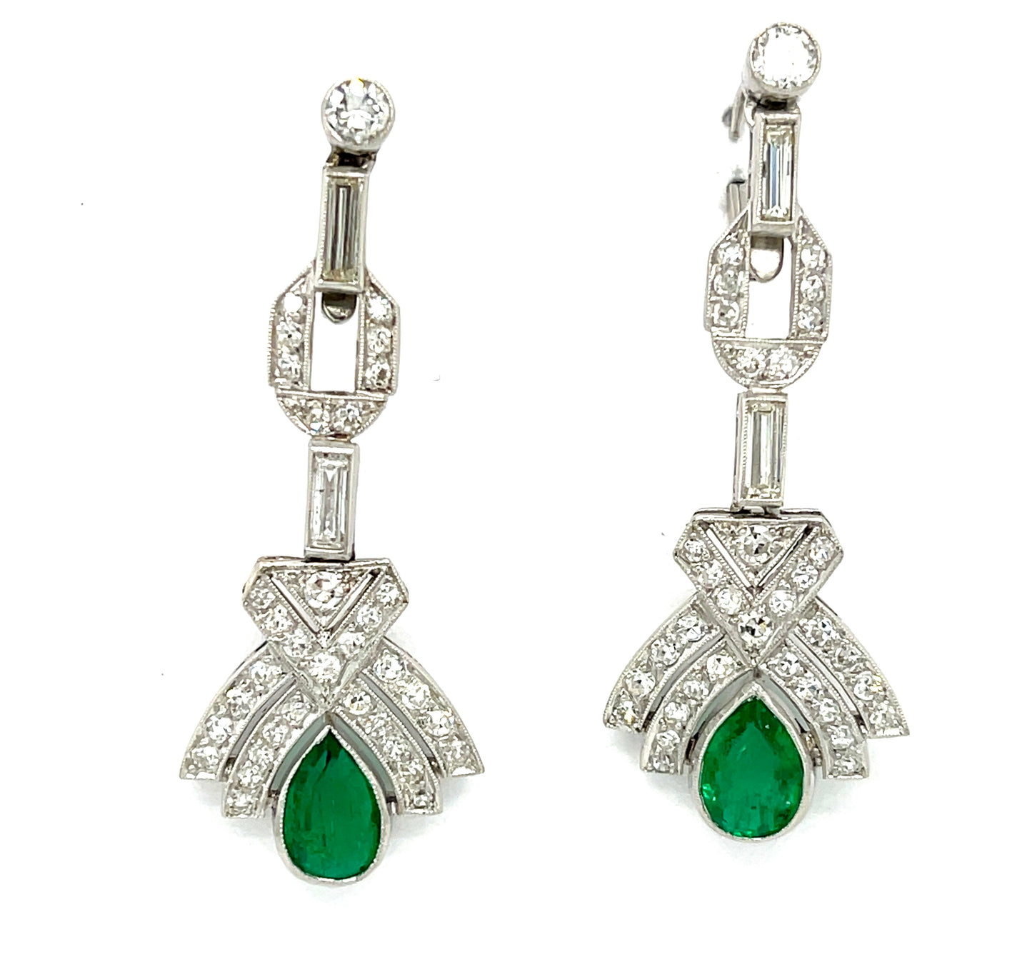 Art Deco (Circa 1930s) 3ct Pear Shaped Emeralds Vintage Platinum Earrings 4ct Diamonds