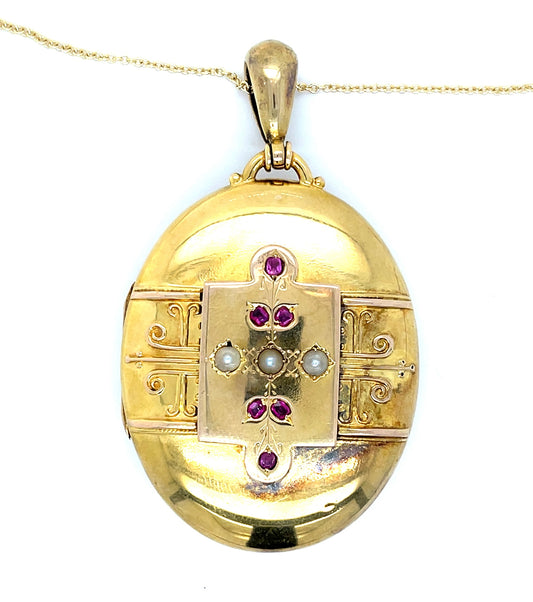 Victorian 14KY Antique Pendant/Locket (Circa 1880s) with pearl and rubies
