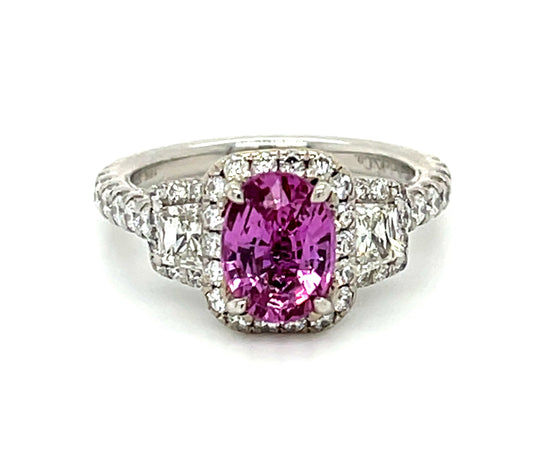 1.66ct Oval Pink Sapphire 18KW Ring 1.75ct Diamonds Signed Gabriel & Co.