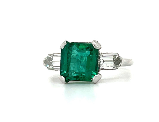 Art Deco 2.95ct Emerald Platinum Ring (Circa 1930s) .80ct Bullet Diamonds .34ct Side Diamonds