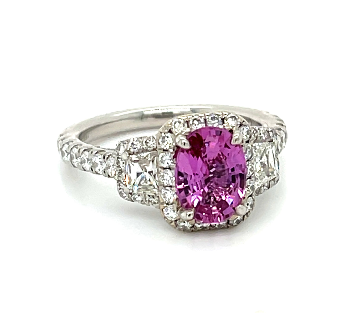 1.66ct Oval Pink Sapphire 18KW Ring 1.75ct Diamonds Signed Gabriel & Co.