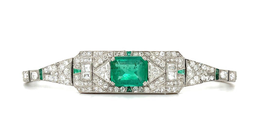 Art Deco 4.46ct Emerald Bracelet Platinum (Antique Circa 1920s) 5.75ct Diamonds (114 Stones)