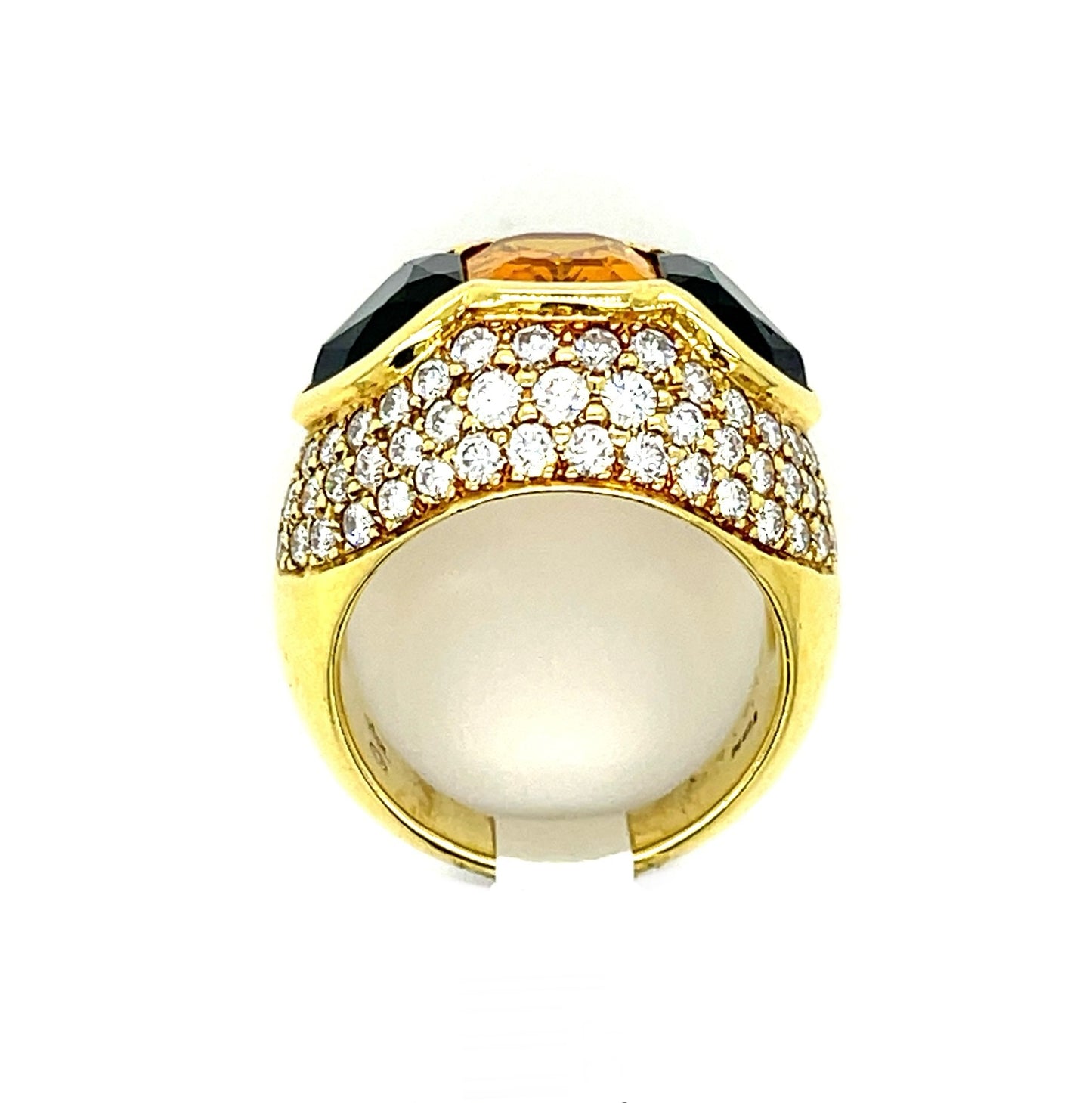 Three Stone Ring 4.50ct GIA Orangy Yellow Cushion Sapphire 7ct Green Tourmaline 2.70ct Diamond