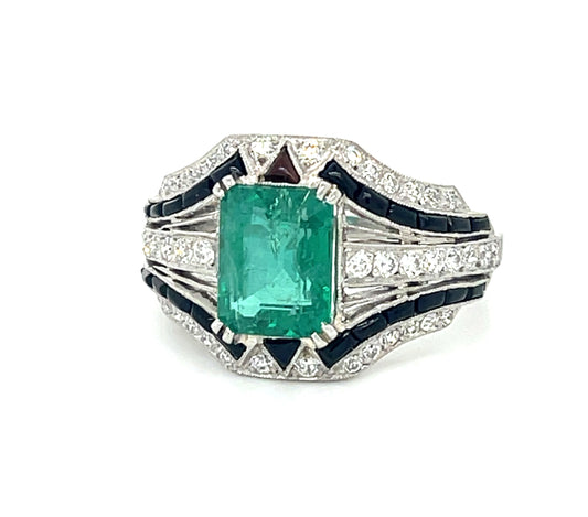 2.40ct Emerald Handmade Ring Platinum .59ct Diamonds and Onyx