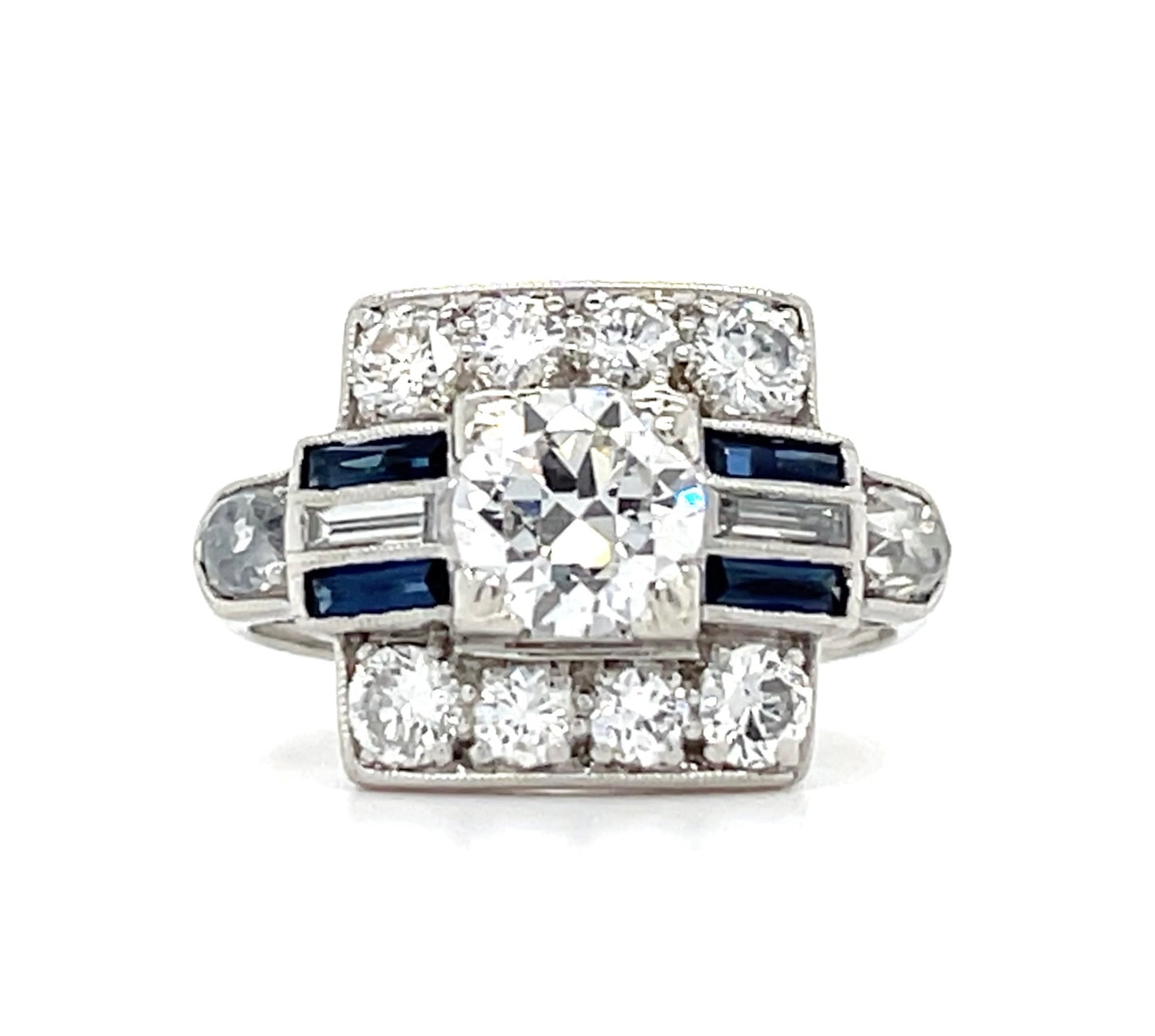 Art Deco (Circa 1930s) .84ct Old European Cut Center Diamond Platinum Vintage Ring .40ct Sapphires 1.15ct SD