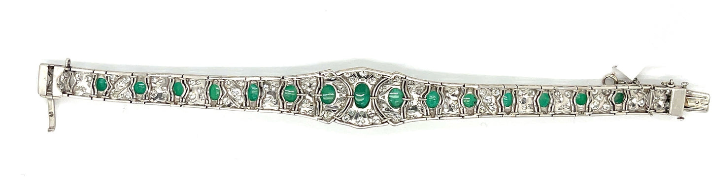 Art Deco 10ct Cabochon Emerald Bracelet Platinum (Vintage Circa 1930s) 3.50ct Diamonds
