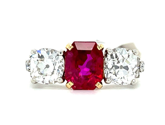 3.41ct Burma Ruby Ring (Vintage Circa 1960s) Platinum 2.05ct Old European Cut Diamond G-VS2 & F-VS2 (Two Diamonds)