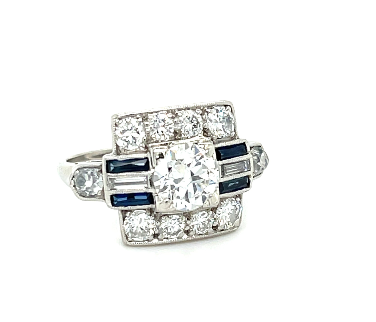 Art Deco (Circa 1930s) .84ct Old European Cut Center Diamond Platinum Vintage Ring .40ct Sapphires 1.15ct SD