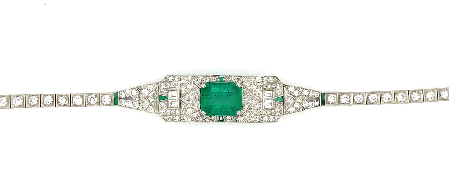 Art Deco 4.46ct Emerald Bracelet Platinum (Antique Circa 1920s) 5.75ct Diamonds (114 Stones)