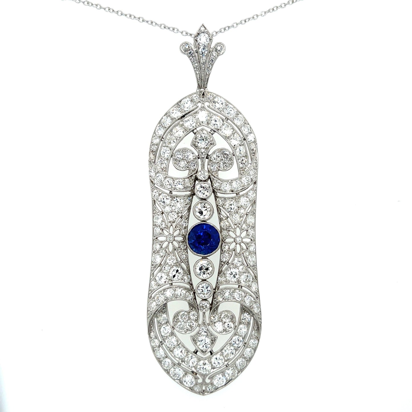 French Art Deco (1920s) 1.69ct Sapphire 7ct Old Euro Dia PT Antique Pendant