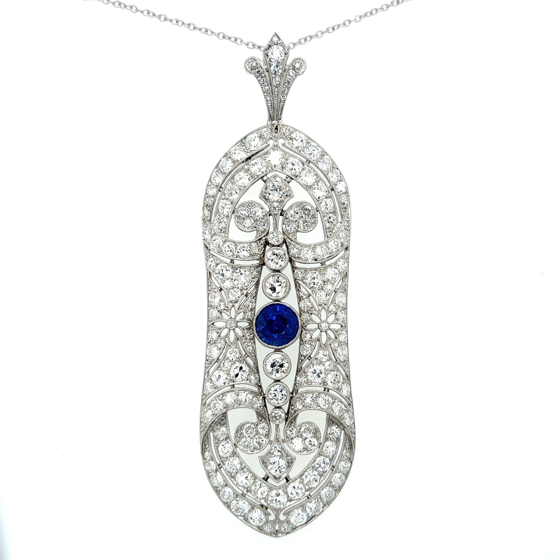 French Art Deco (1920s) 1.69ct Sapphire 7ct Old Euro Dia PT Antique Pendant