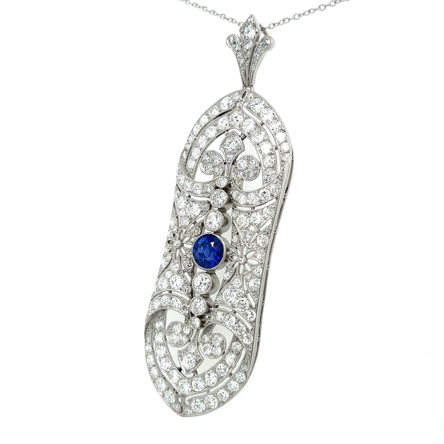French Art Deco (1920s) 1.69ct Sapphire 7ct Old Euro Dia PT Antique Pendant