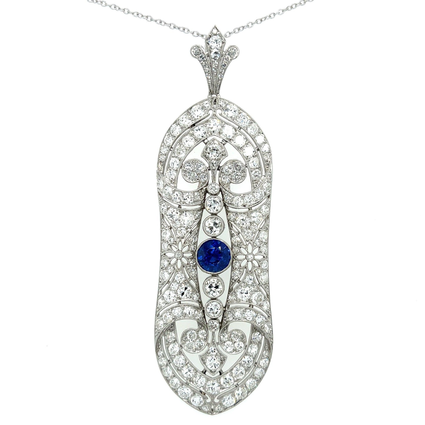 French Art Deco (1920s) 1.69ct Sapphire 7ct Old Euro Dia PT Antique Pendant