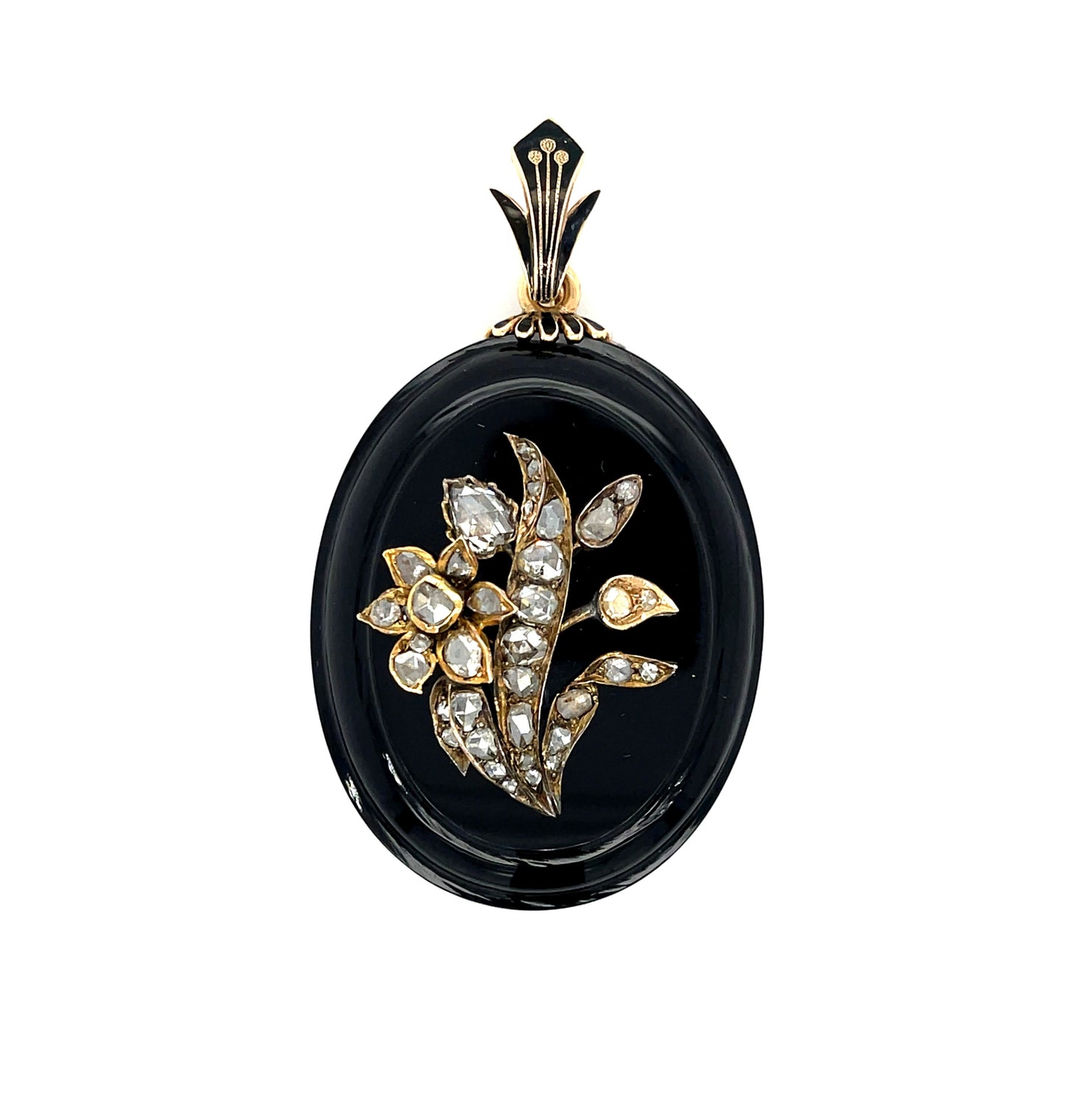 Victorian (Circa 1860s) All Original 3ct Rose Cut Diamonds, Onyx 14KY Antique Locket/Pendant