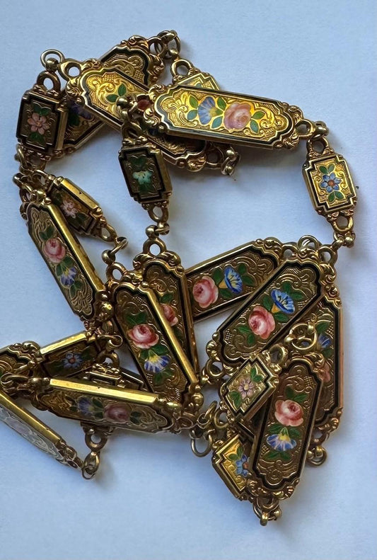 Original Victorian Painted Flower Enamel 15K English Necklace! (Antique 1860s)