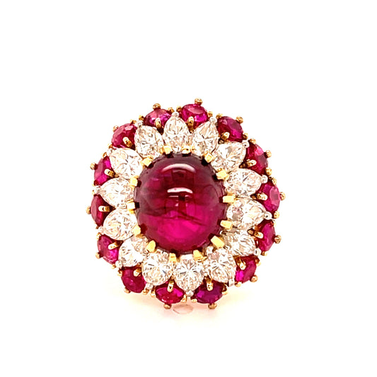 (1960s) Ring 18KY | GIA #6204539439 No Heat Burma Cab Ruby 4.91ct 2ct Dia