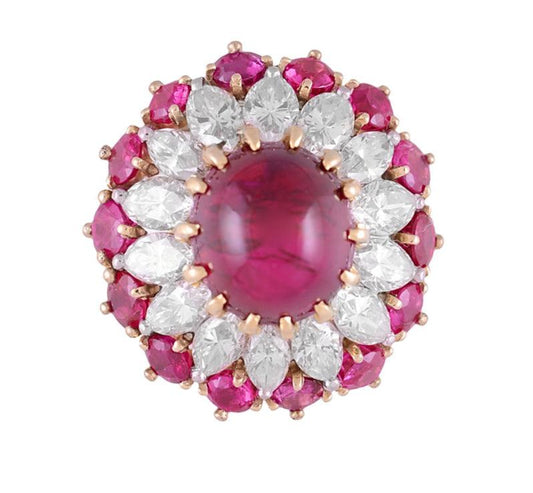 (1960s) Ring 18KY | GIA #6204539439 No Heat Burma Cab Ruby 4.91ct 2ct Dia