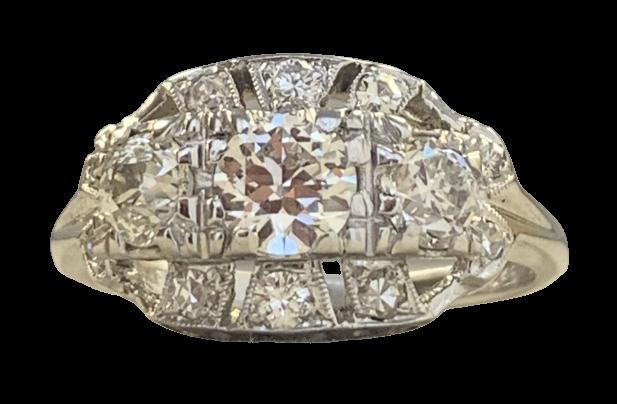Retro 1940s Ring 14KW GIA H VVS2 Clarity CD .46ct  2nd Dia .31ct / 3rd Dia .33ct