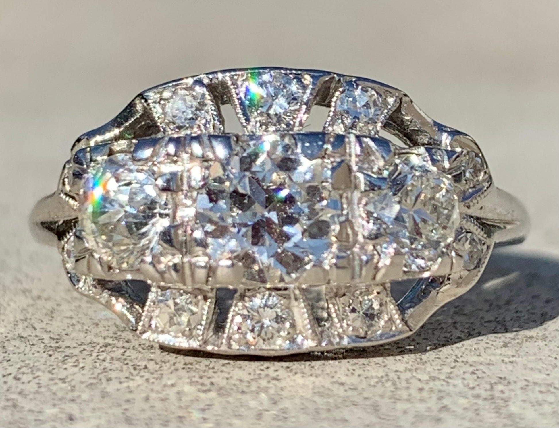 Retro 1940s Ring 14KW GIA H VVS2 Clarity CD .46ct  2nd Dia .31ct / 3rd Dia .33ct