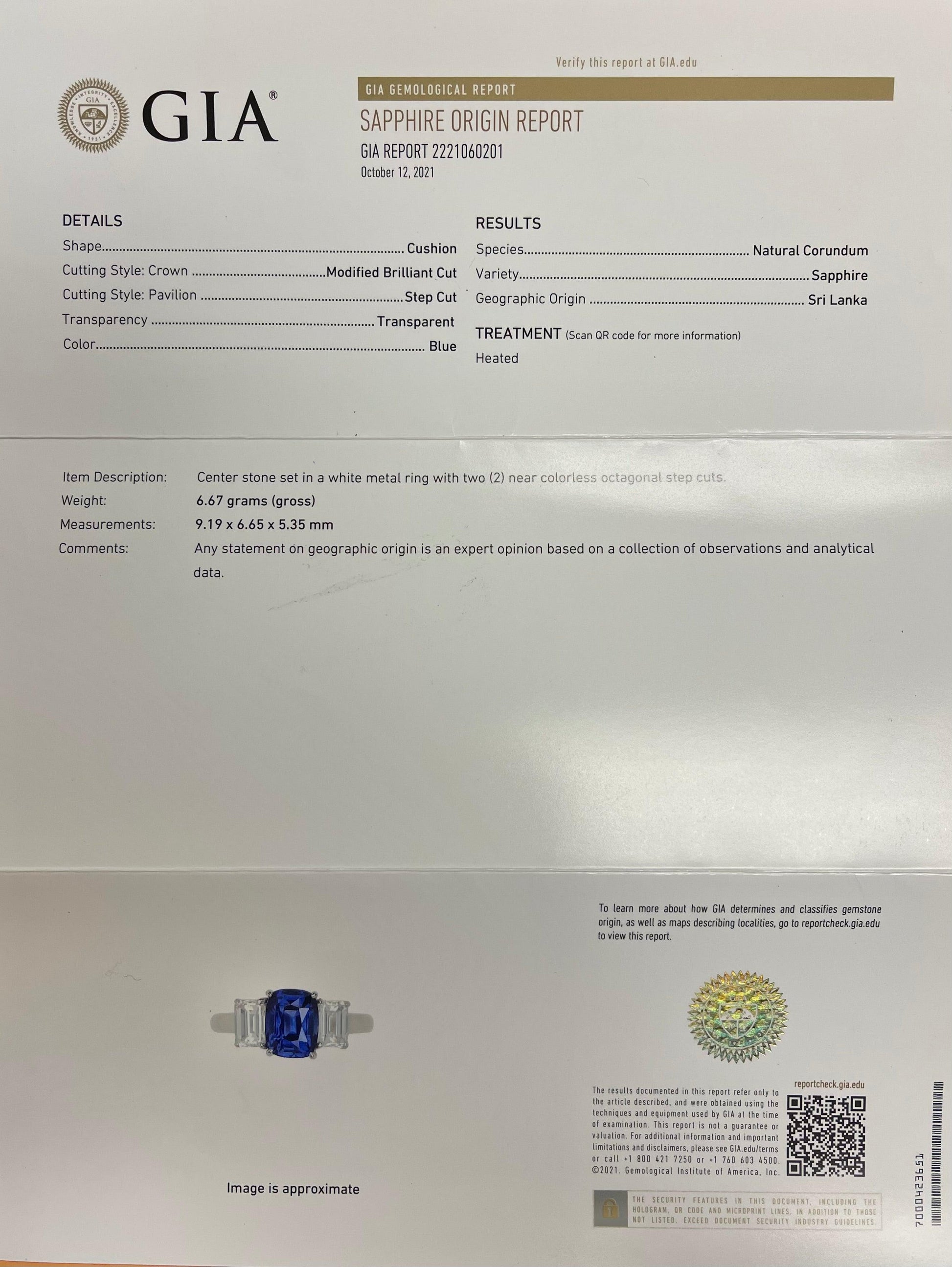 GIA Sapphire 2.42ct and GIA F VVS1 Diamond Ring