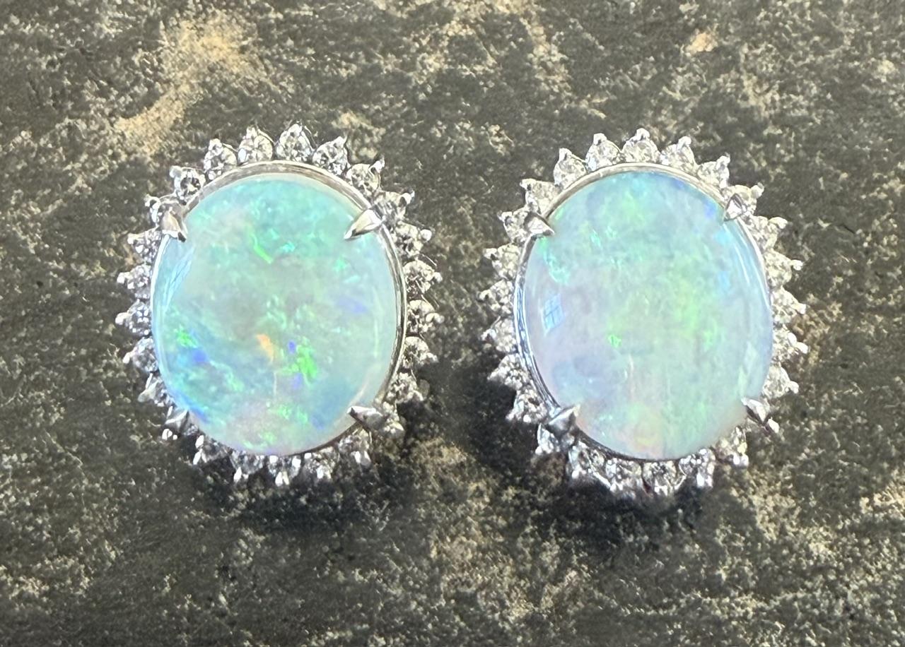 4.40ct Australian Opal Platinum Clip Earrings .58ct Diamond 10.70g 5/8"