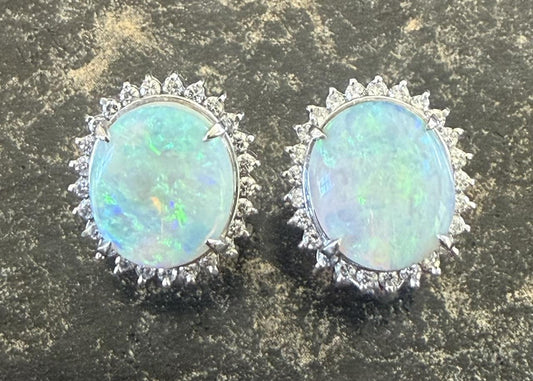 4.40ct Australian Opal Platinum Clip Earrings .58ct Diamond 10.70g 5/8"