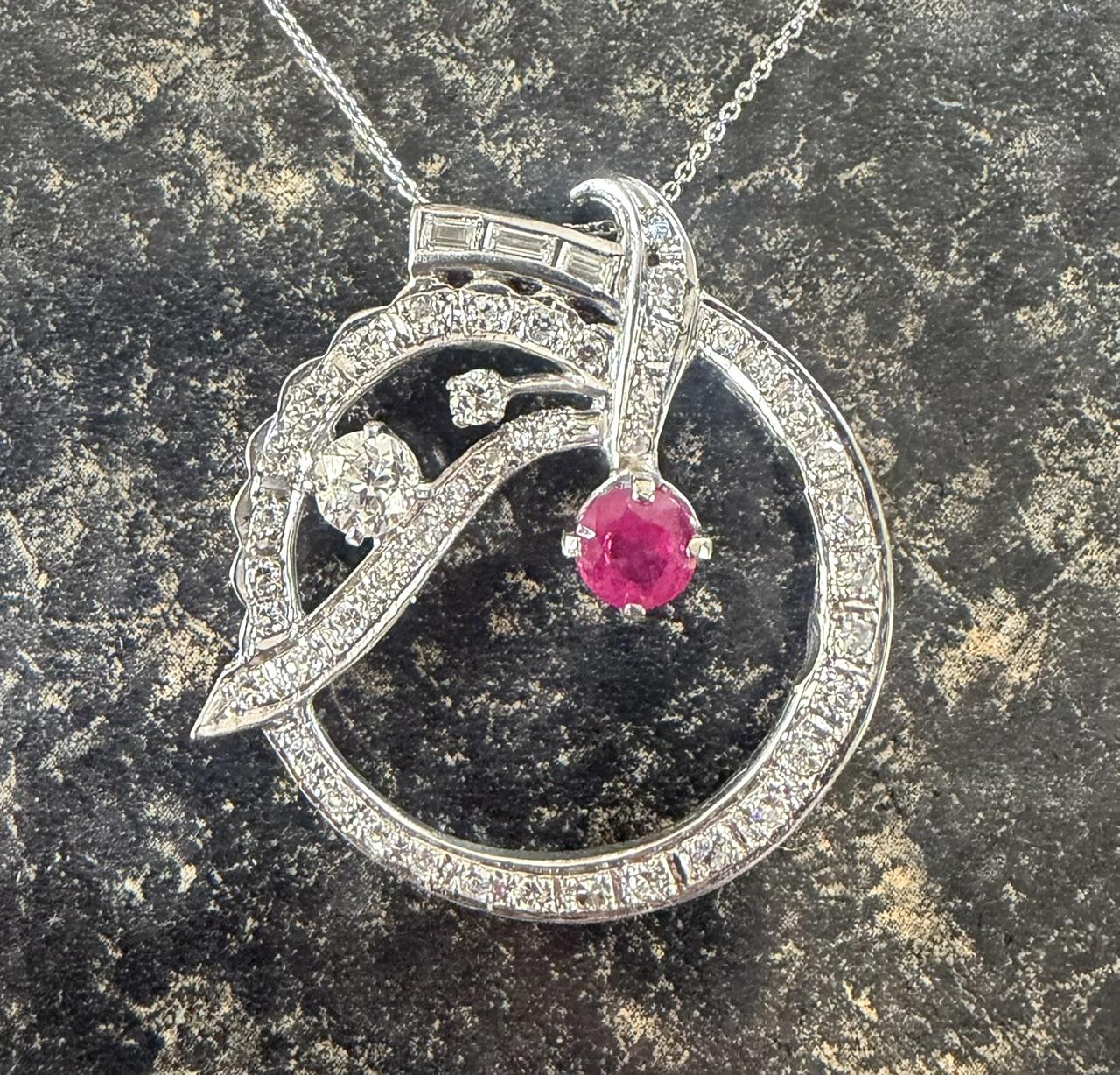 Art Deco (Circa 1930s) 1ct Burma Ruby (No Cert) 2.40ct Diamond 18KW Gold Pendant