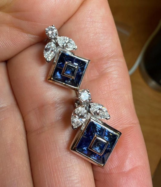 French 3ct Sapphire 1.20ct Diamond 18KY Earrings 12.40g 7/8" Earrings